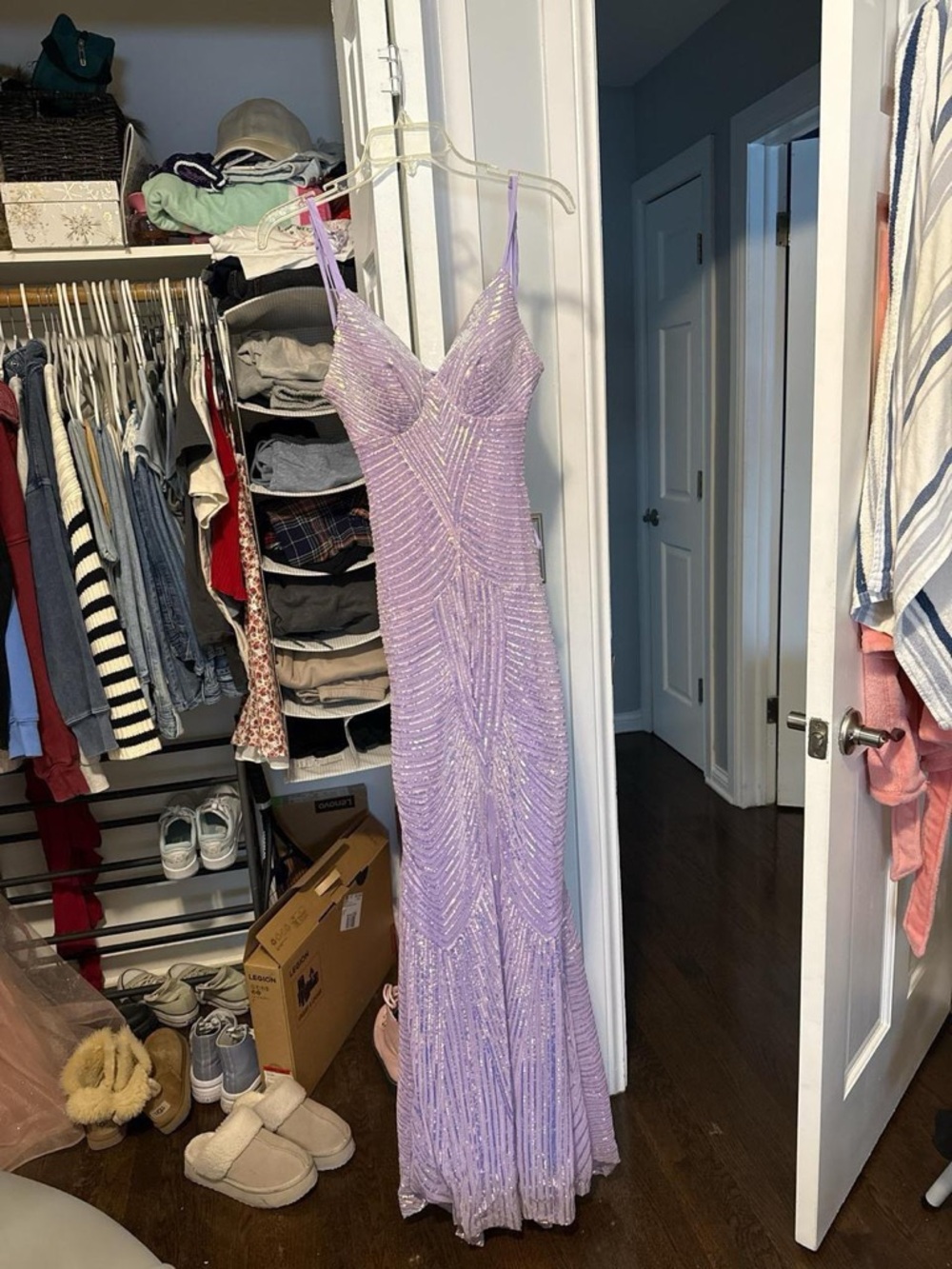 B Darlin Lavender Beaded Sequin Maxi Dress